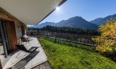 Neukirchen Nationalpark chalet Kristallwand zomer tuin en terras beneden 1